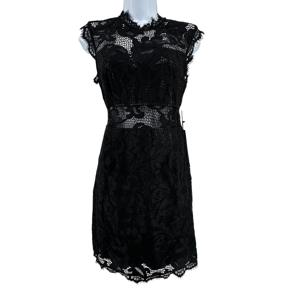 XXI Forever 21 Lace Sheath Dress Size M Black High Neck Full Zip Gothic Sheer - Picture 1 of 9
